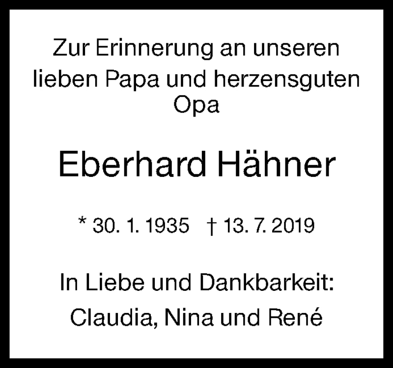  Traueranzeige für Eberhard Hähner vom 13.07.2020 aus Siegener Zeitung