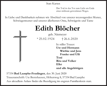 Traueranzeige von Edith Blöcher von Siegener Zeitung