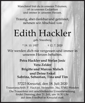 Traueranzeige von Edith Hackler von Siegener Zeitung