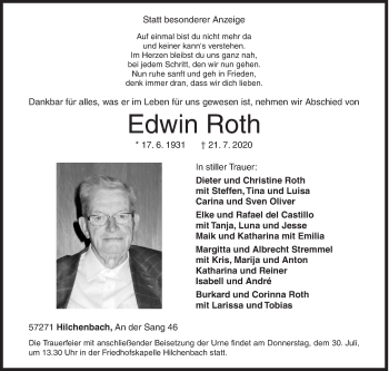 Traueranzeige von Edwin Roth von Siegener Zeitung