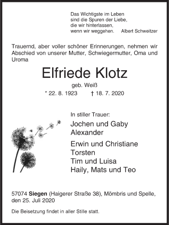 Traueranzeige von Elfriede Klotz von Siegener Zeitung