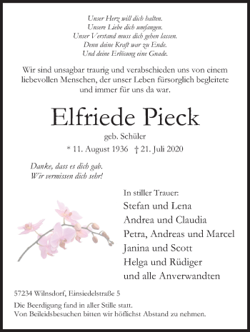 Traueranzeige von Elfriede Pieck von Siegener Zeitung