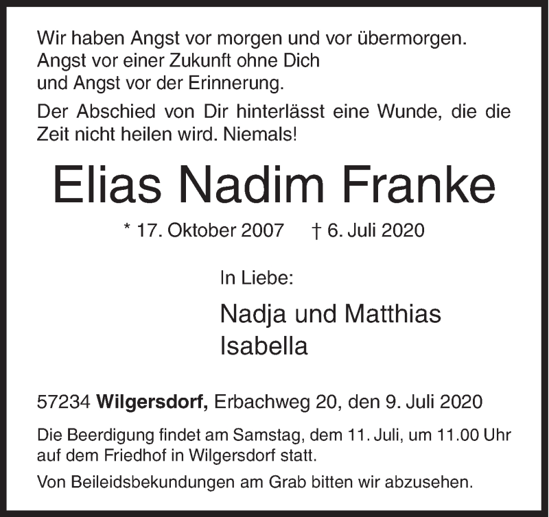  Traueranzeige für Elias Nadim Franke vom 09.07.2020 aus Siegener Zeitung