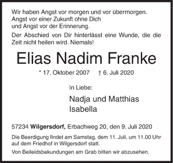 Traueranzeige von Elias Nadim Franke von Siegener Zeitung