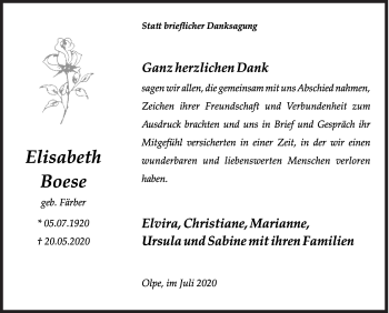 Traueranzeige von Elisabeth Boese von Siegener Zeitung