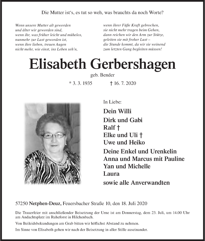  Traueranzeige für Elisabeth Gerbershagen vom 18.07.2020 aus Siegener Zeitung