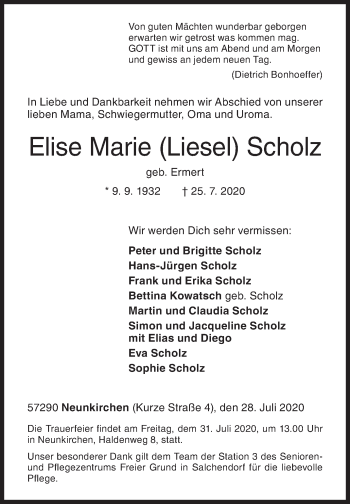 Traueranzeige von Elise Marie Scholz von Siegener Zeitung