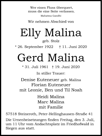 Traueranzeige von Elly und Gerd Malina von Siegener Zeitung