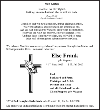 Traueranzeige von Else Frank von Siegener Zeitung
