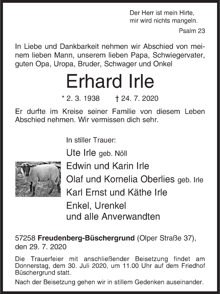  Traueranzeige für Erhard Irle vom 29.07.2020 aus Siegener Zeitung