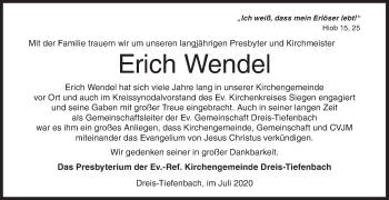 Traueranzeige von Erich Wendel von Siegener Zeitung