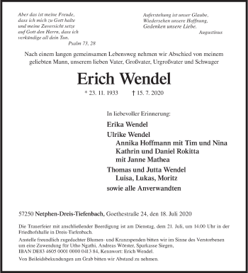Traueranzeige von Erich Wendel von Siegener Zeitung
