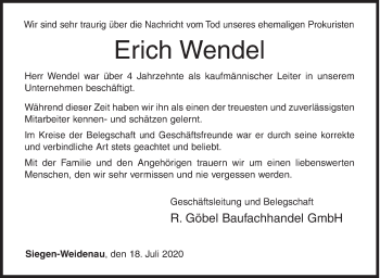 Traueranzeige von Erich Wendel von Siegener Zeitung