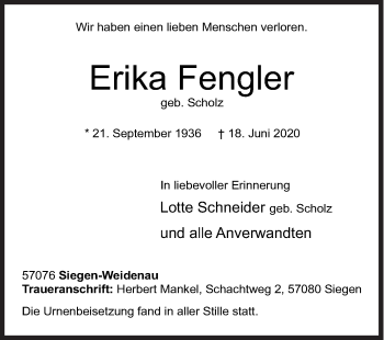 Traueranzeige von Erika Fengler von Siegener Zeitung