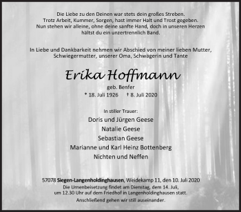 Traueranzeige von Erika Hoffmann von Siegener Zeitung