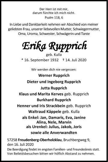 Traueranzeige von Erika Rupprich von Siegener Zeitung
