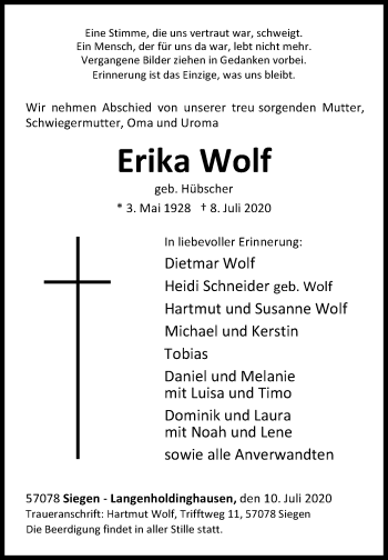 Traueranzeige von Erika Wolf von Siegener Zeitung
