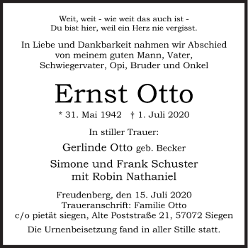 Traueranzeige von Ernst Otto von Siegener Zeitung
