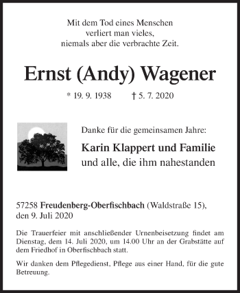 Traueranzeige von Ernst Wagener von Siegener Zeitung