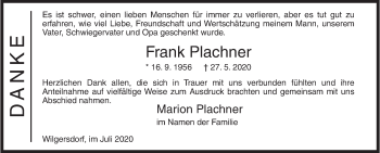 Traueranzeige von Frank Plachner von Siegener Zeitung