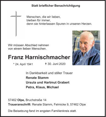 Traueranzeige von Franz Harnischmacher von Siegener Zeitung