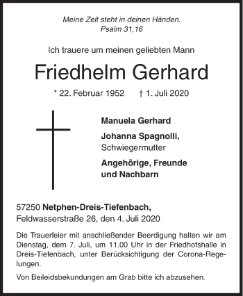 Traueranzeige von Friedhelm Gerhard von Siegener Zeitung