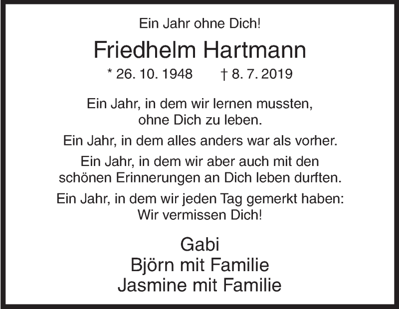  Traueranzeige für Friedhelm Hartmann vom 08.07.2020 aus Siegener Zeitung