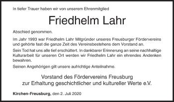 Traueranzeige von Friedhelm Lahr von Siegener Zeitung