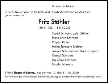 Traueranzeige von Fritz Stähler von Siegener Zeitung