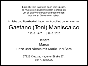 Traueranzeige von Gaetano Maniscalco von Siegener Zeitung