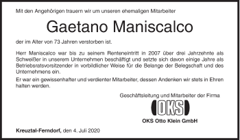 Traueranzeige von Gaetano Maniscalco von Siegener Zeitung