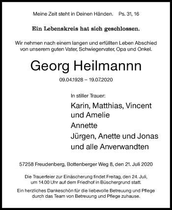 Traueranzeige von Georg Heilmannn von Siegener Zeitung