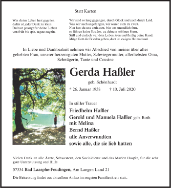 Traueranzeige von Gerda Haßler von Siegener Zeitung