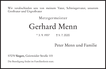 Traueranzeige von Gerhard Menn von Siegener Zeitung