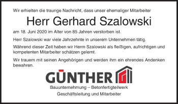 Traueranzeige von Gerhard Szalowski von Siegener Zeitung