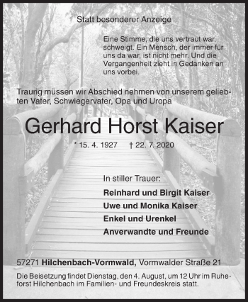 Traueranzeige von Gerhard Horst Kaiser von Siegener Zeitung