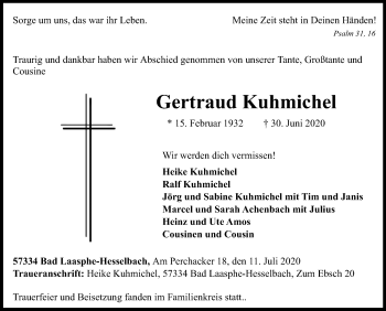 Traueranzeige von Gertraud Kuhmichel von Siegener Zeitung