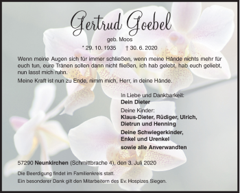 Traueranzeige von Gertrud Goebel von Siegener Zeitung