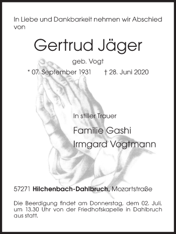 Traueranzeige von Gertrud Jäger von Siegener Zeitung