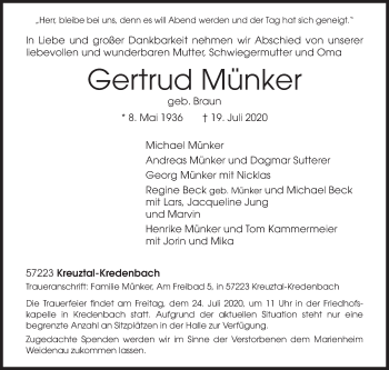 Traueranzeige von Gertrud Münker von Siegener Zeitung