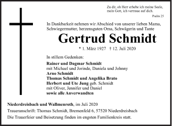 Traueranzeige von Gertrud Schmidt von Siegener Zeitung