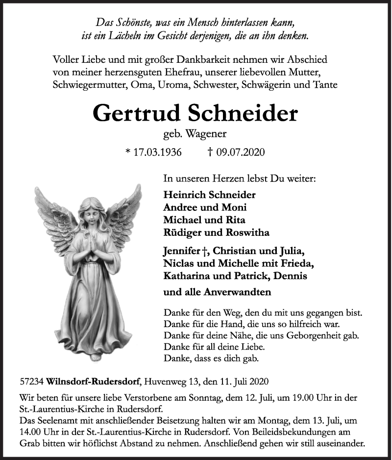  Traueranzeige für Gertrud Schneider vom 11.07.2020 aus Siegener Zeitung
