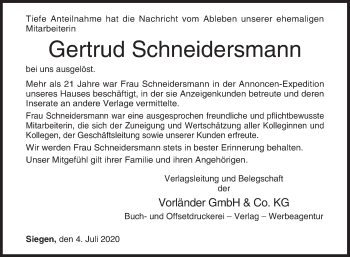Traueranzeige von Gertrud Schneidersmann von Siegener Zeitung