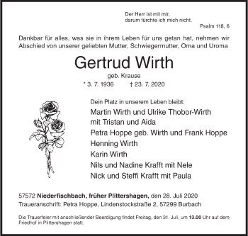 Traueranzeige von Gertrud Wirth von Siegener Zeitung