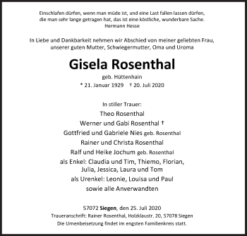 Traueranzeige von Gisela Rosenthal von Siegener Zeitung