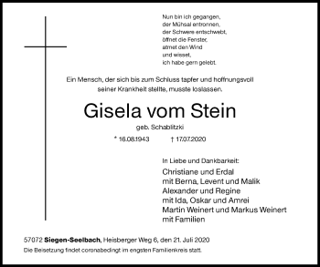Traueranzeige von Gisela vom Stein von Siegener Zeitung