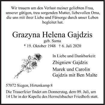 Traueranzeige von Grazyna Helena Gajdzis von Siegener Zeitung