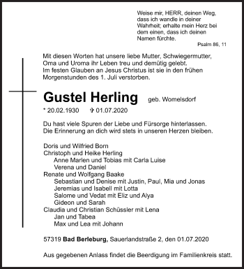 Traueranzeige von Gustel Herling von Siegener Zeitung