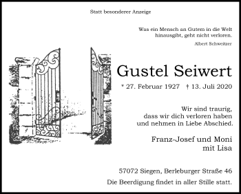 Traueranzeige von Gustel Seiwert von Siegener Zeitung