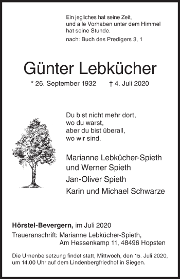 Traueranzeige von Günter Lebkücher von Siegener Zeitung